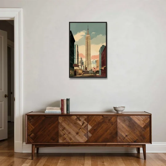 New York City Empire State Building Sunny - Black Framed Canvas Wall Art - Coffee Table - 24x36