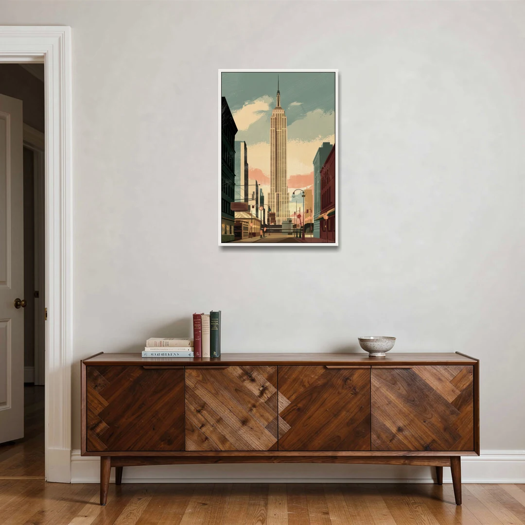 New York City Empire State Building Sunny - White Framed Canvas Wall Art - Coffee Table - 24x36