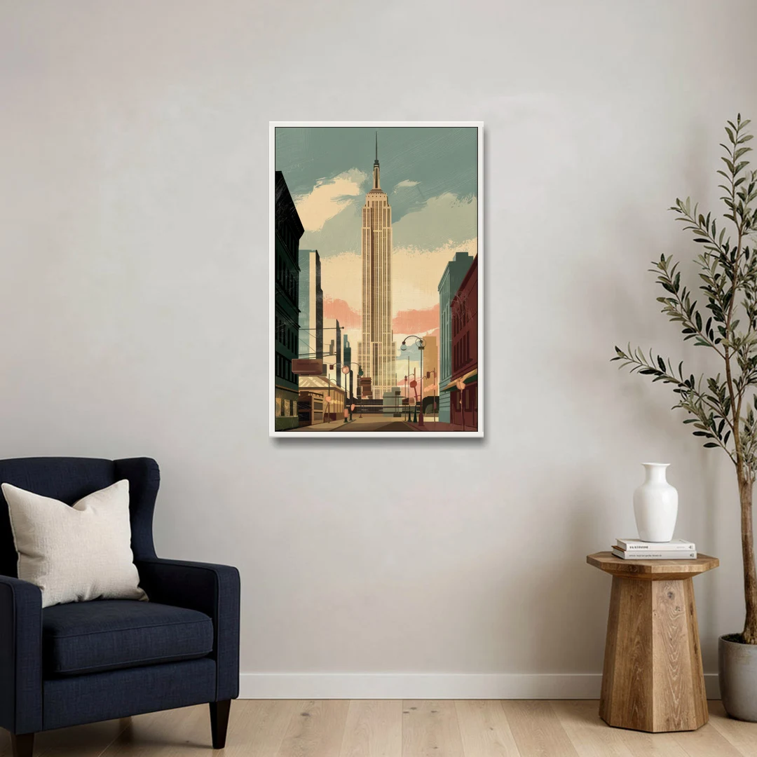 New York City Empire State Building Sunny - White Framed Canvas Wall Art - Sofa - 24x36