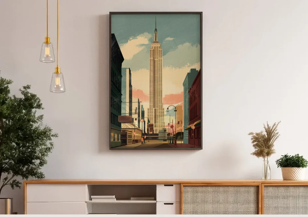 New York City Empire State Building Sunny canvas wall art above a wooden sideboard under pendant lights
