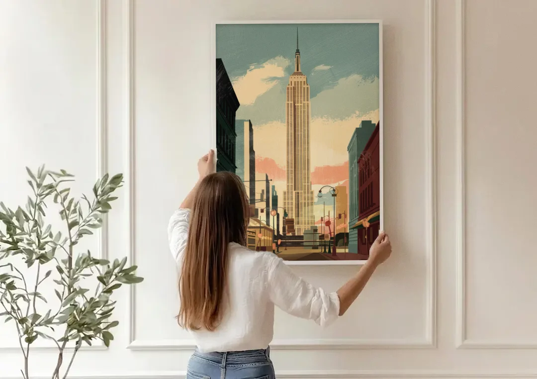 New York City Empire State Building Sunny canvas wall art being hung on a paneled wall