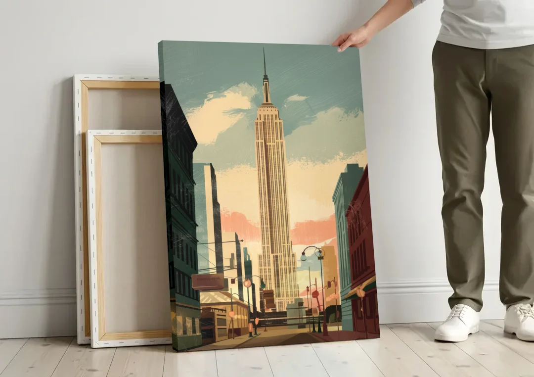 New York City Empire State Building Sunny canvas wall art leaning against a wall next to blank canvases