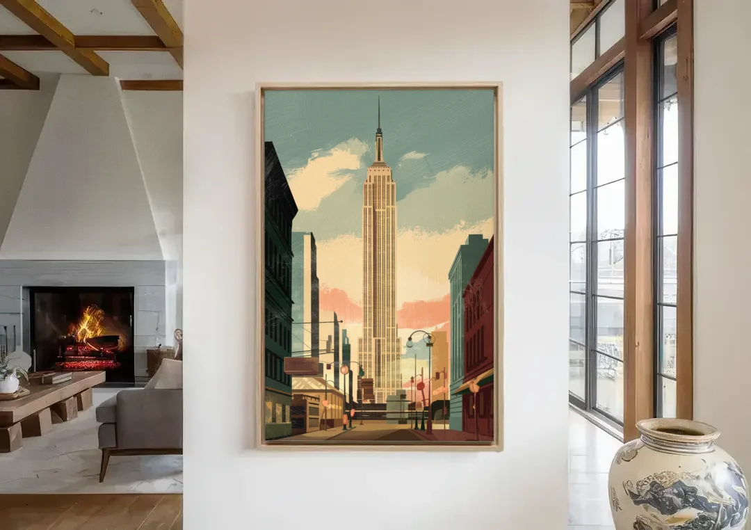 New York City Empire State Building Sunny canvas wall art in a living room with a fireplace