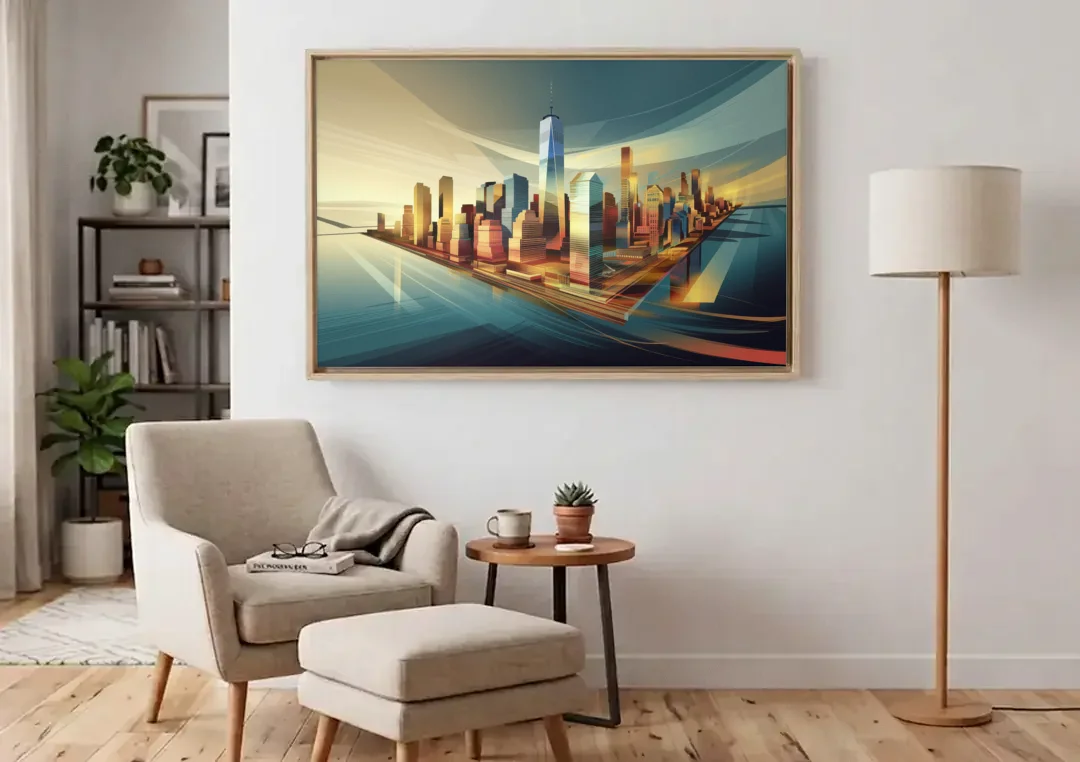 New York City Financial District canvas wall art above an armchair in a bright living room