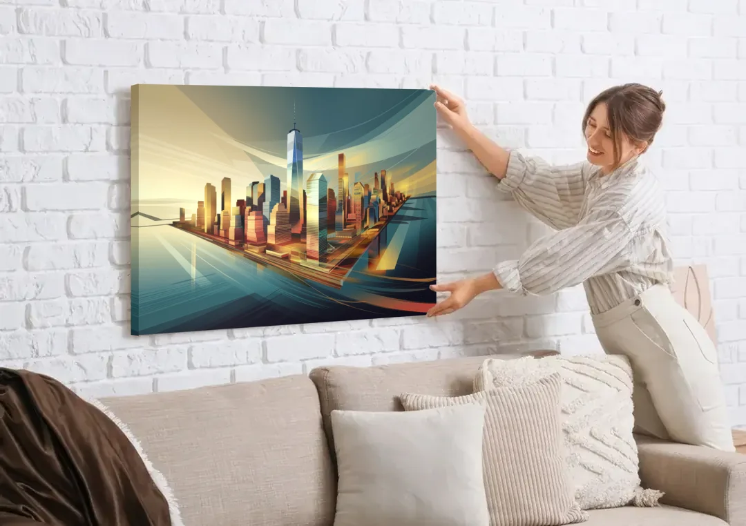 New York City Financial District canvas wall art being hung on a white brick wall above a sofa