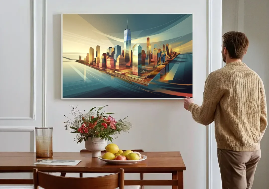 New York City Financial District canvas wall art above a dining table