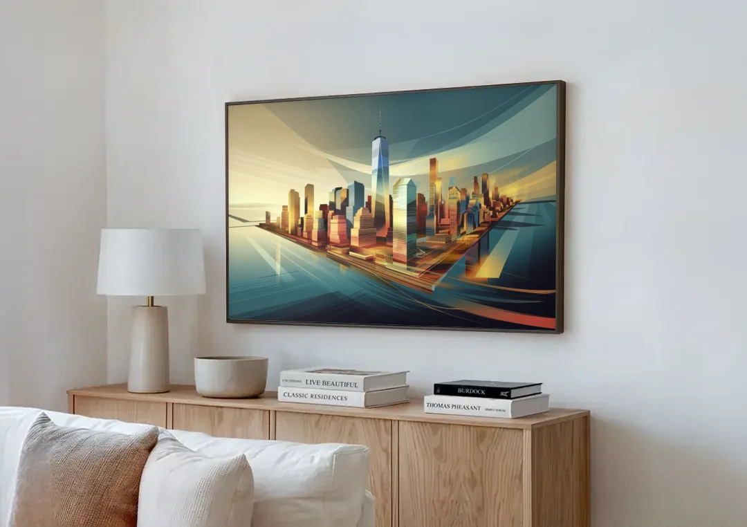 New York City Financial District canvas wall art above a wooden sideboard next to a sofa