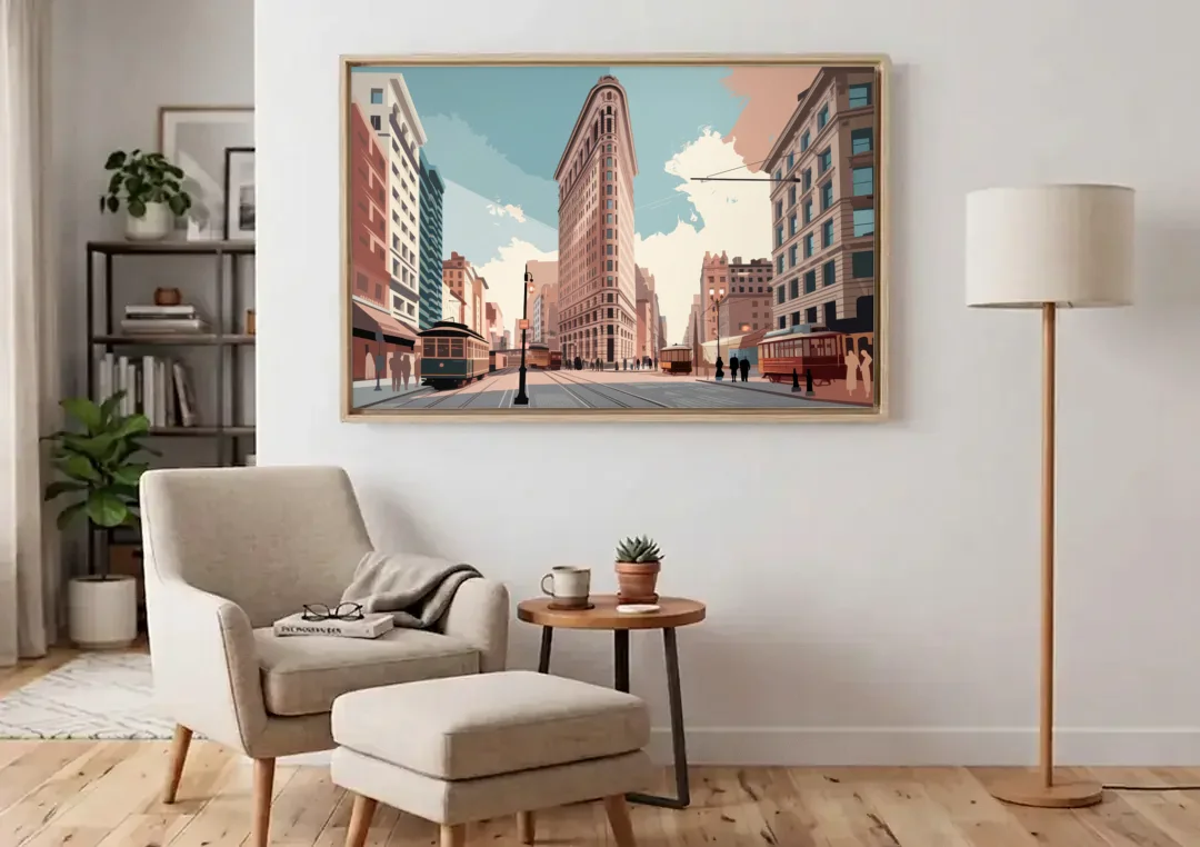 New York City Flatiron Building canvas wall art above an armchair in a bright living room