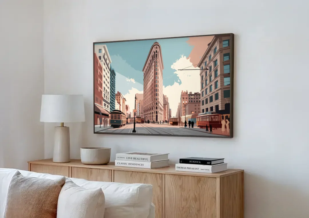 New York City Flatiron Building canvas wall art above a wooden sideboard next to a sofa