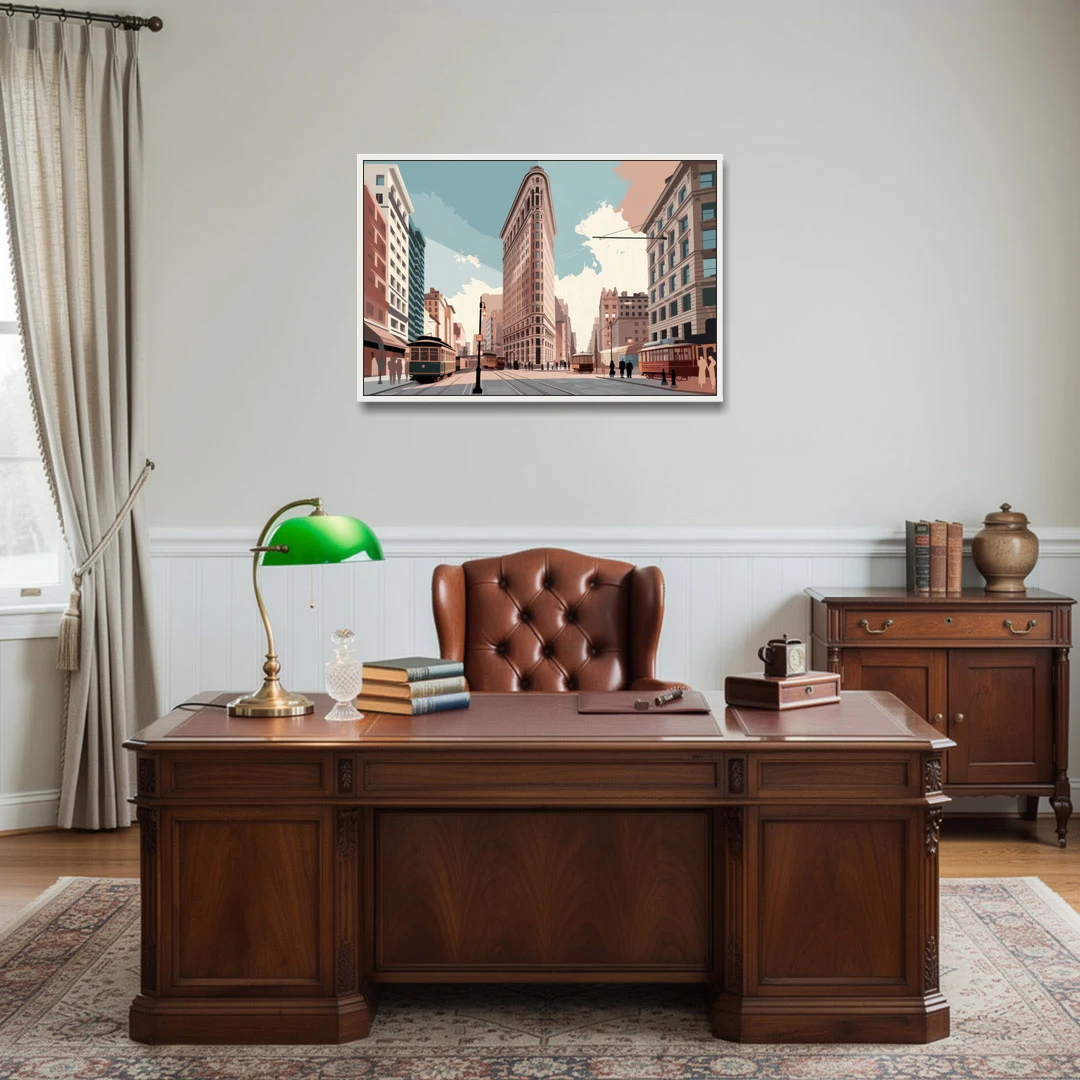 New York City Flatiron Building - White Framed Canvas Wall Art - Office - 36x24