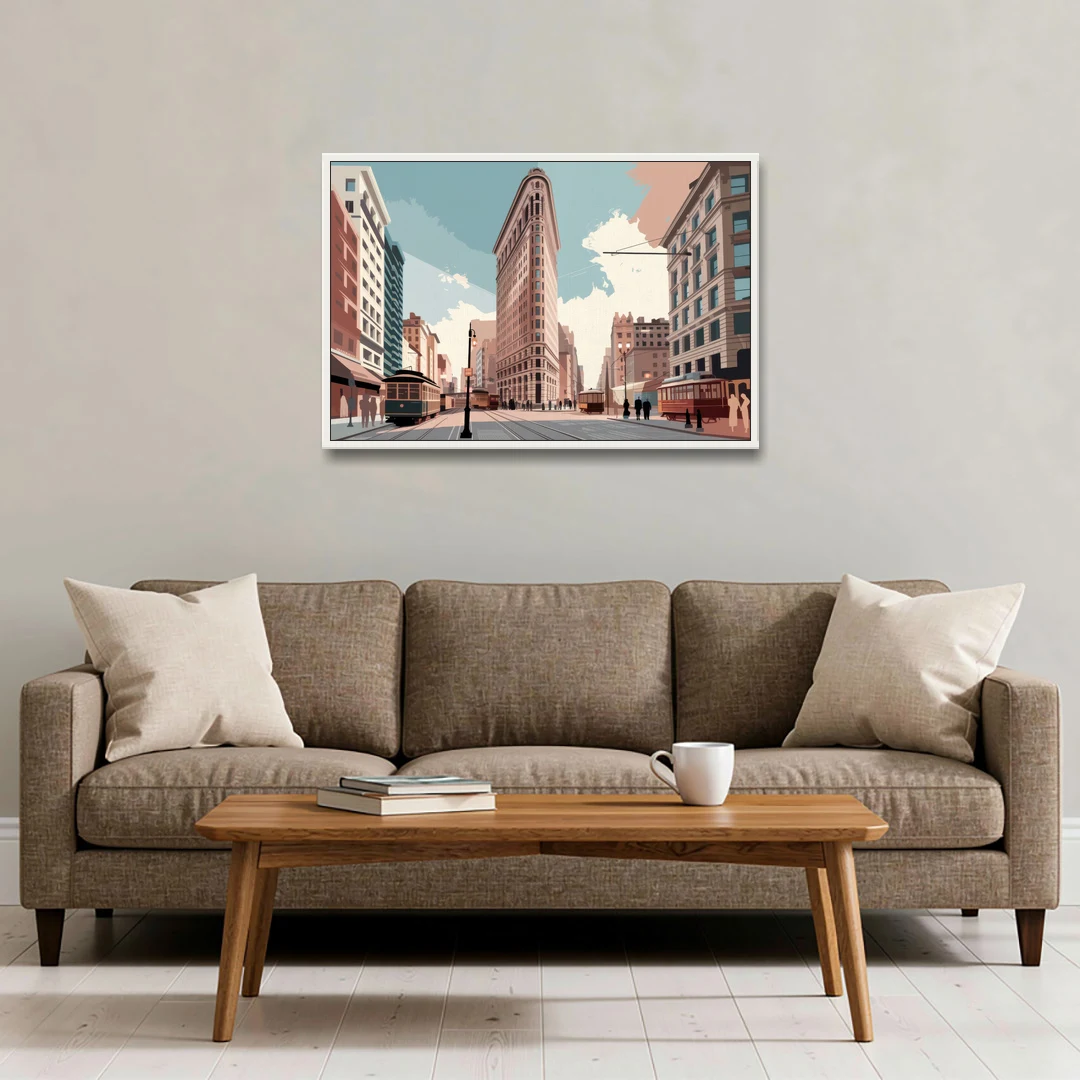New York City Flatiron Building - White Framed Canvas Wall Art - Sofa - 36x24
