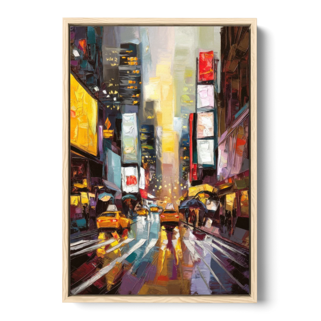New York City Framed Street Photography Evening - Oak Framed Canvas Wall Art - Front