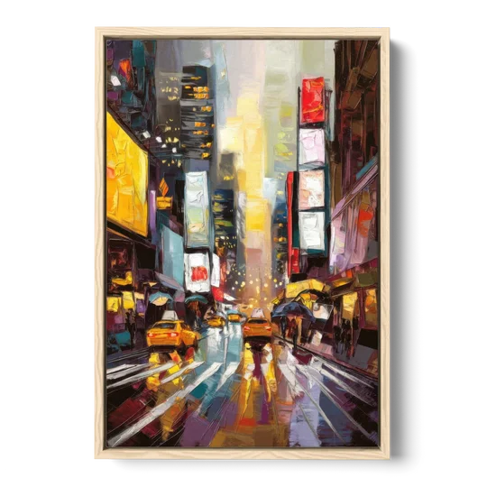 New York City Framed Street Photography Evening - Oak Framed Canvas Wall Art - Front