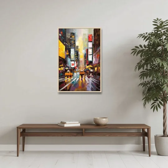 New York City Framed Street Photography Evening - Oak Framed Canvas Wall Art - Coffee Table - 24x36