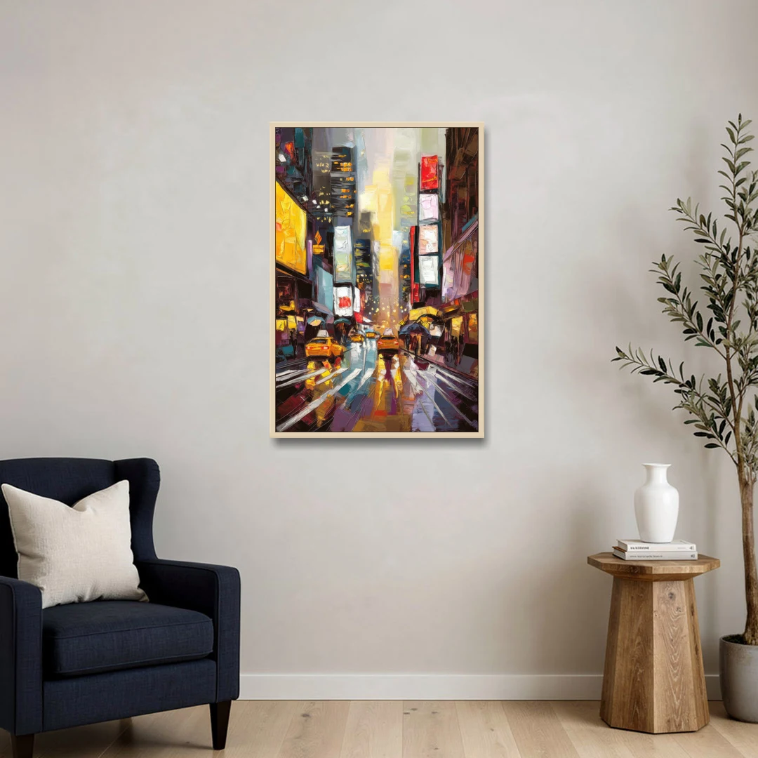 New York City Framed Street Photography Evening - Oak Framed Canvas Wall Art - Sofa - 24x36
