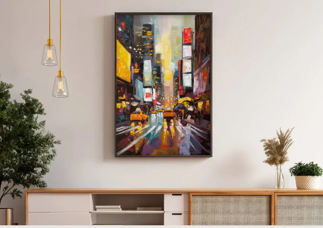 New York City Framed Street Photography Evening canvas wall art above a wooden sideboard under pendant lights