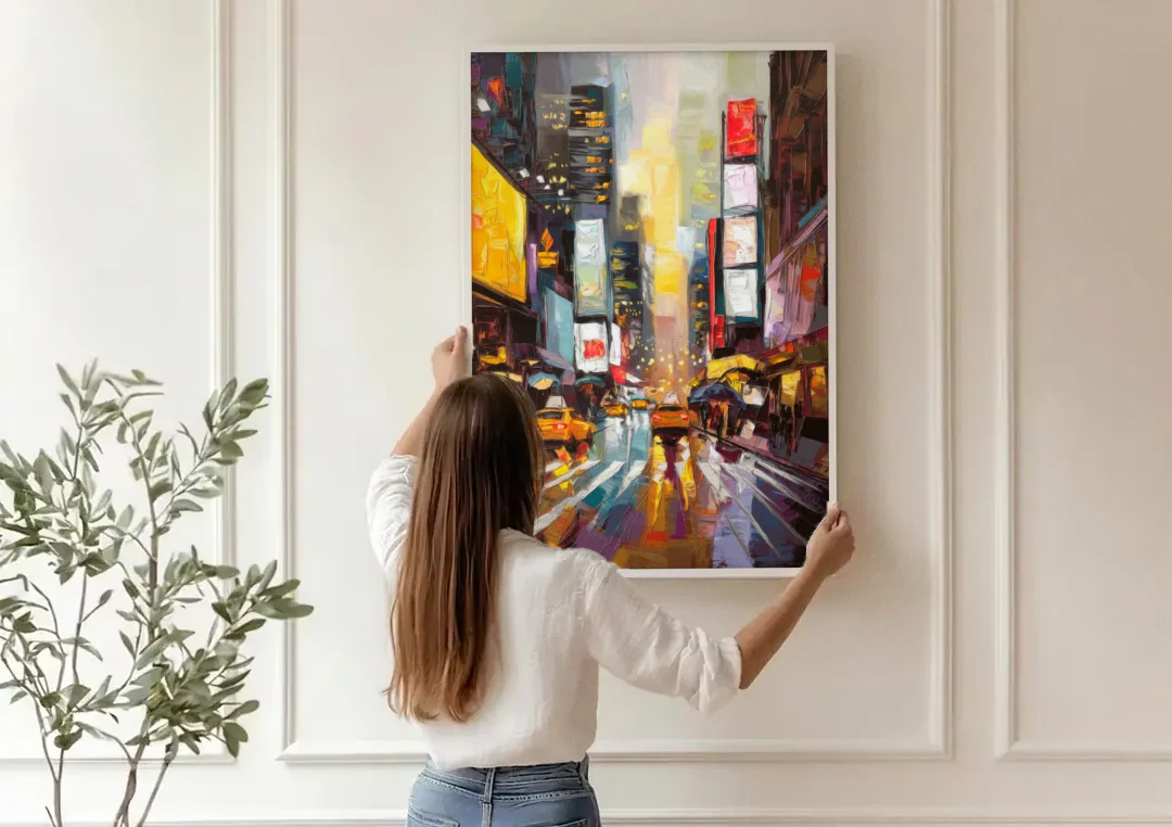 New York City Framed Street Photography Evening canvas wall art being hung on a paneled wall