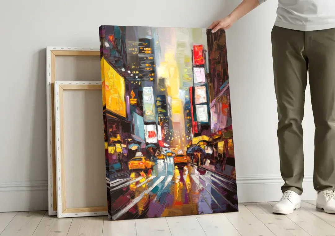 New York City Framed Street Photography Evening canvas wall art leaning against a wall next to blank canvases