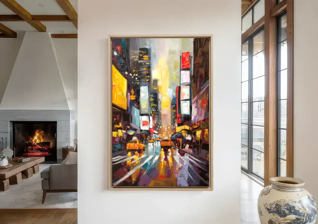 New York City Framed Street Photography Evening canvas wall art in a living room with a fireplace