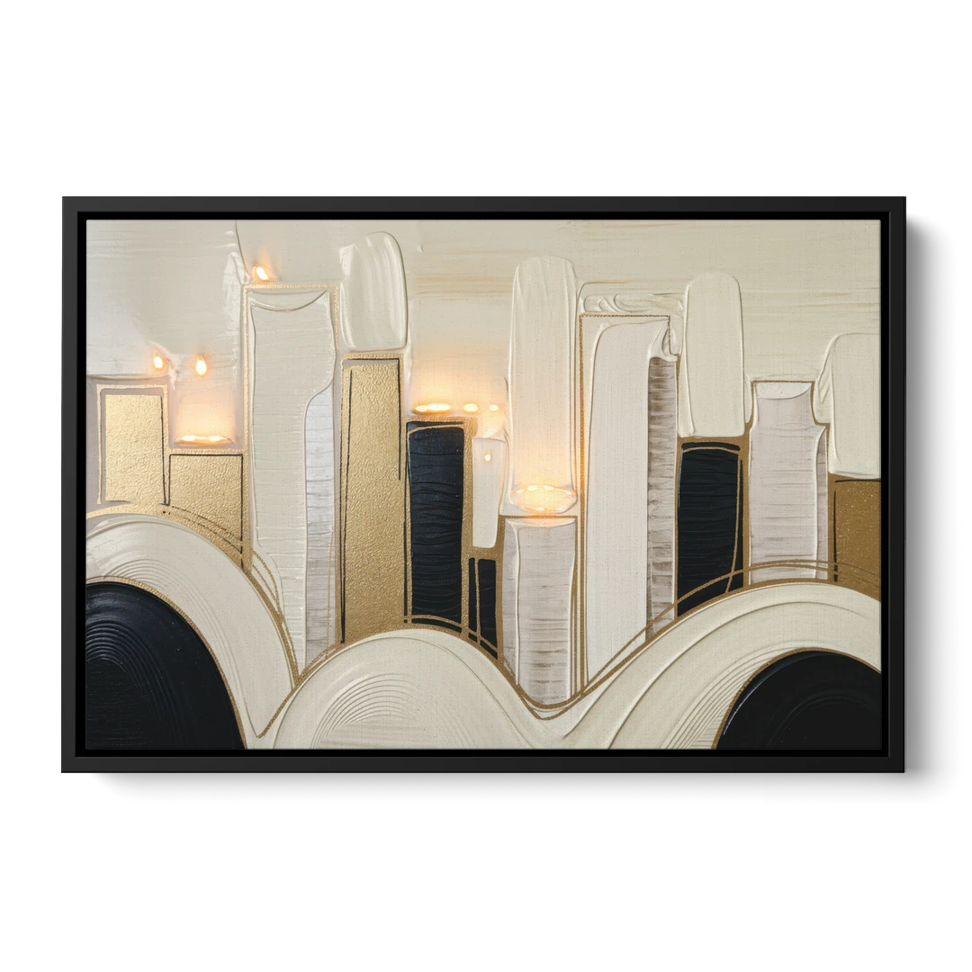 New York City Golden Glow Skyline - Black Framed Canvas Wall Art - Front