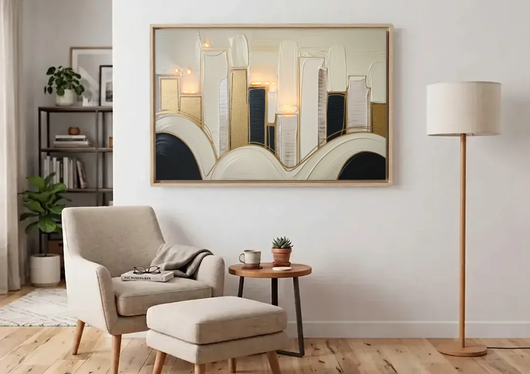 New York City Golden Glow Skyline canvas wall art above an armchair in a bright living room