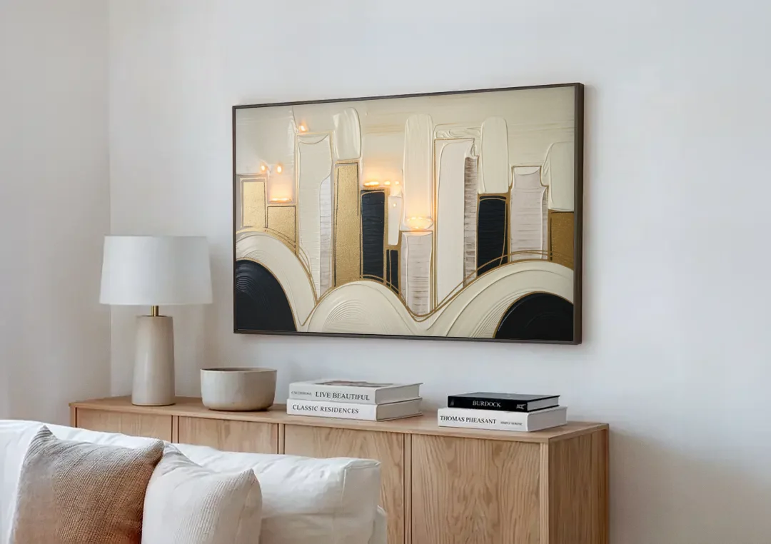 New York City Golden Glow Skyline canvas wall art above a wooden sideboard next to a sofa