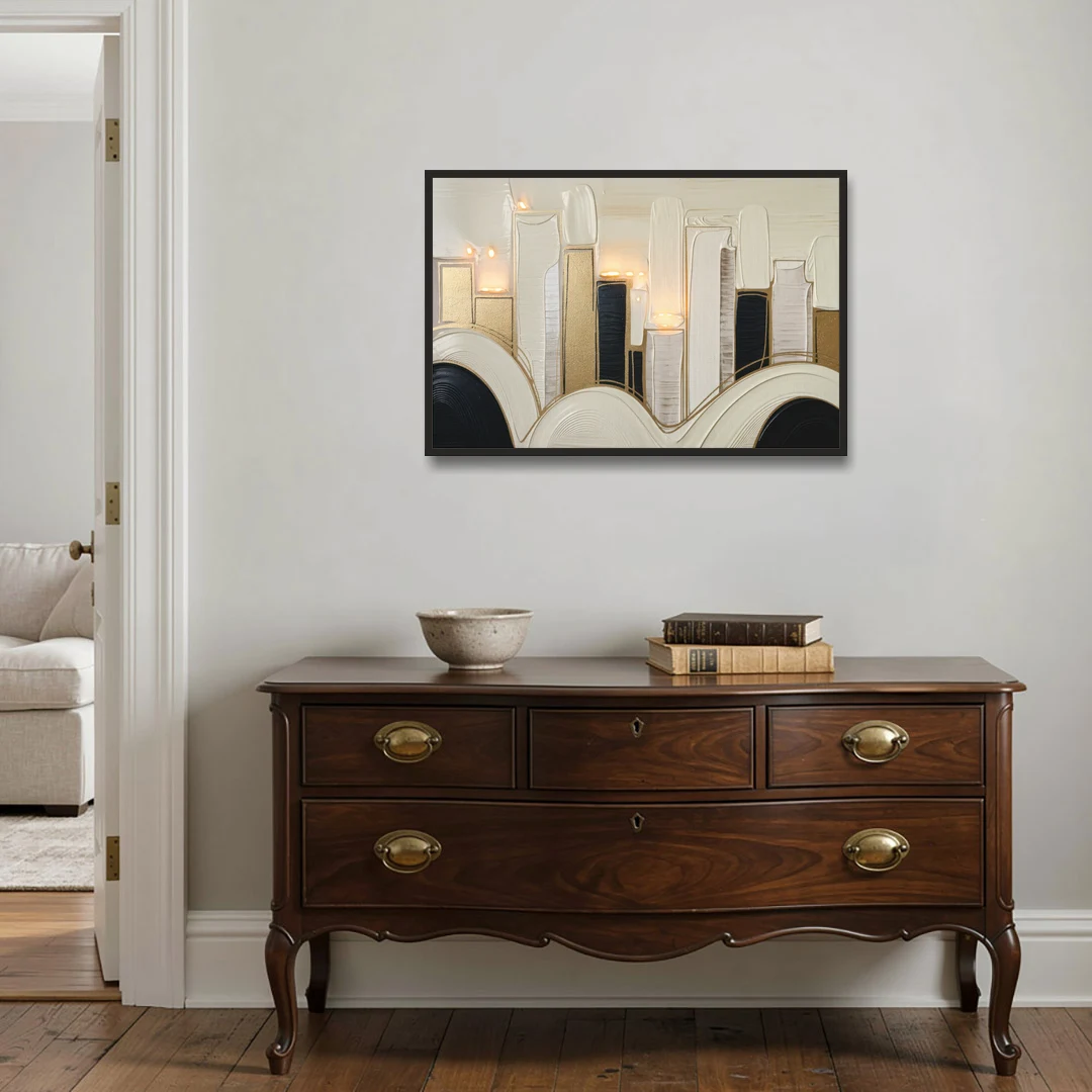 New York City Golden Glow Skyline - Black Framed Canvas Wall Art - Coffee Table - 36x24