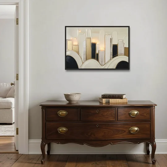 New York City Golden Glow Skyline - Black Framed Canvas Wall Art - Coffee Table - 36x24