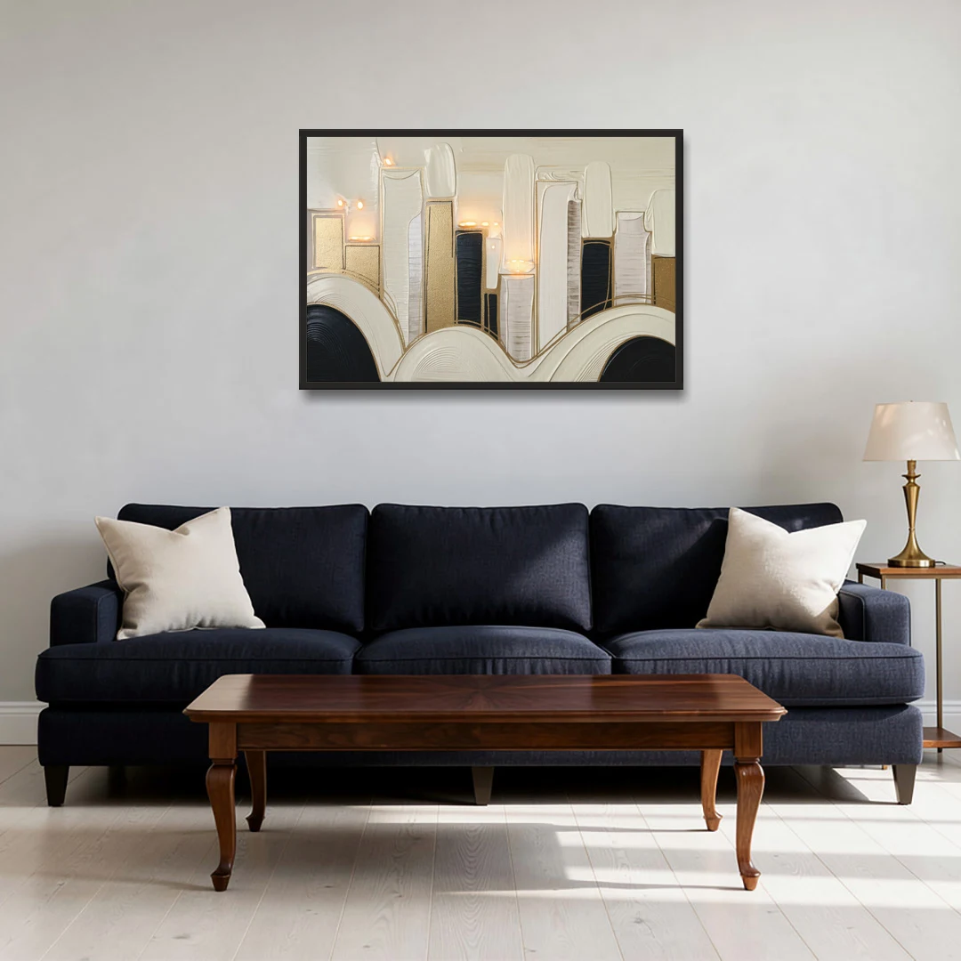 New York City Golden Glow Skyline - Black Framed Canvas Wall Art - Sofa - 36x24