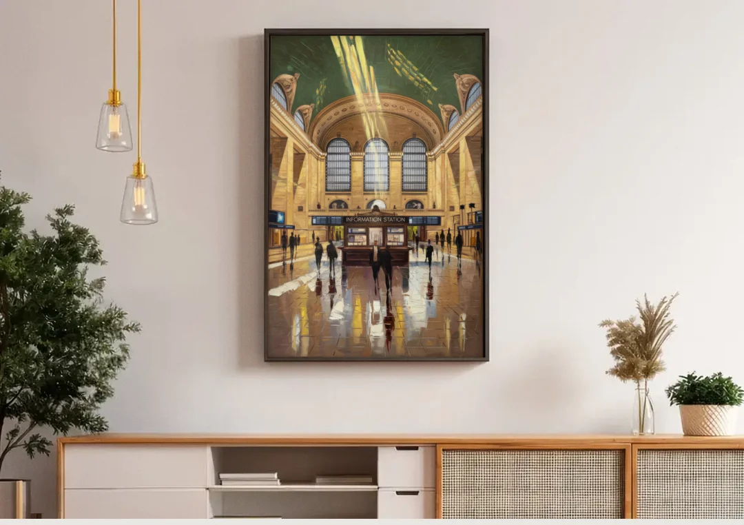 New York City Grand Central Station canvas wall art above a wooden sideboard under pendant lights