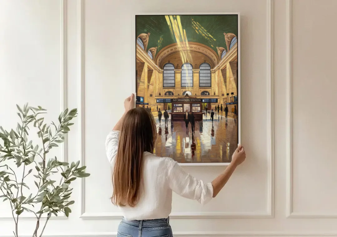 New York City Grand Central Station canvas wall art being hung on a paneled wall