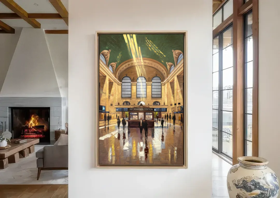 New York City Grand Central Station canvas wall art in a living room with a fireplace