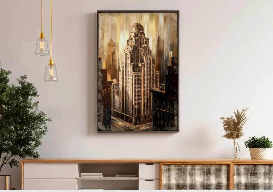 New York City Historic Architecture canvas wall art above a wooden sideboard under pendant lights