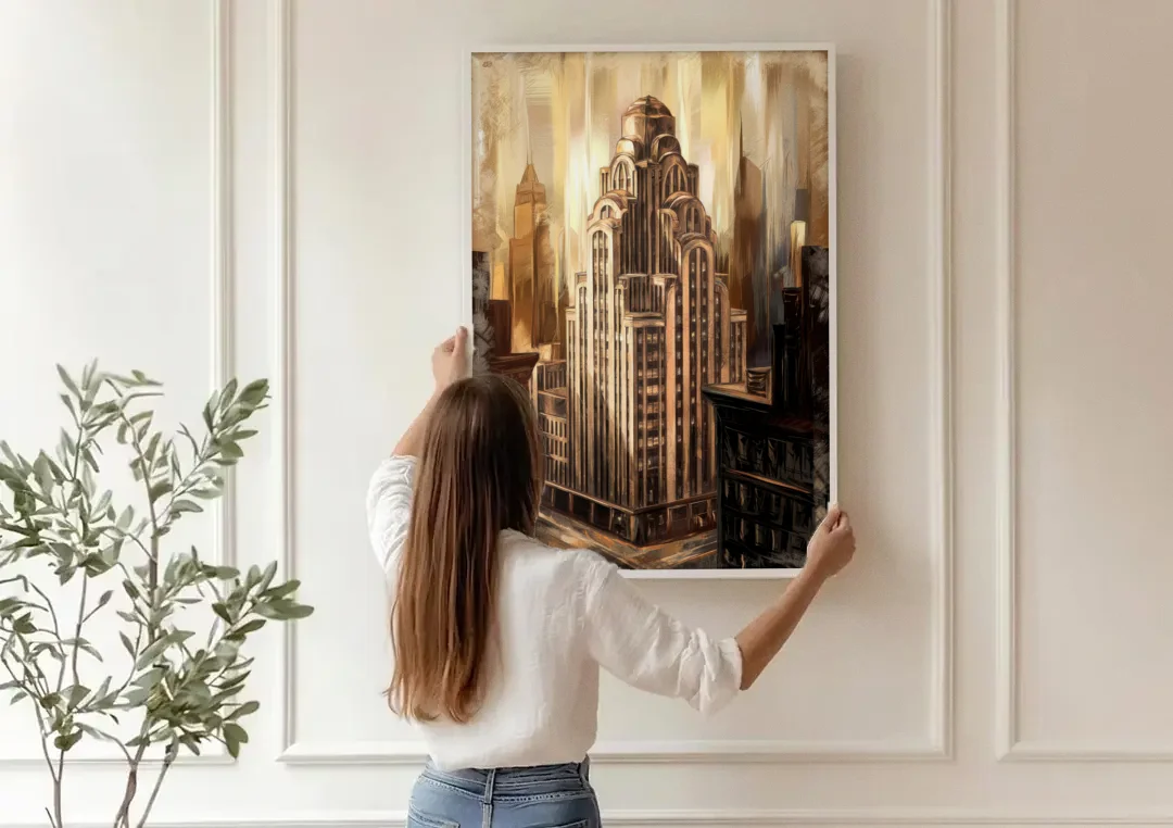 New York City Historic Architecture canvas wall art being hung on a paneled wall