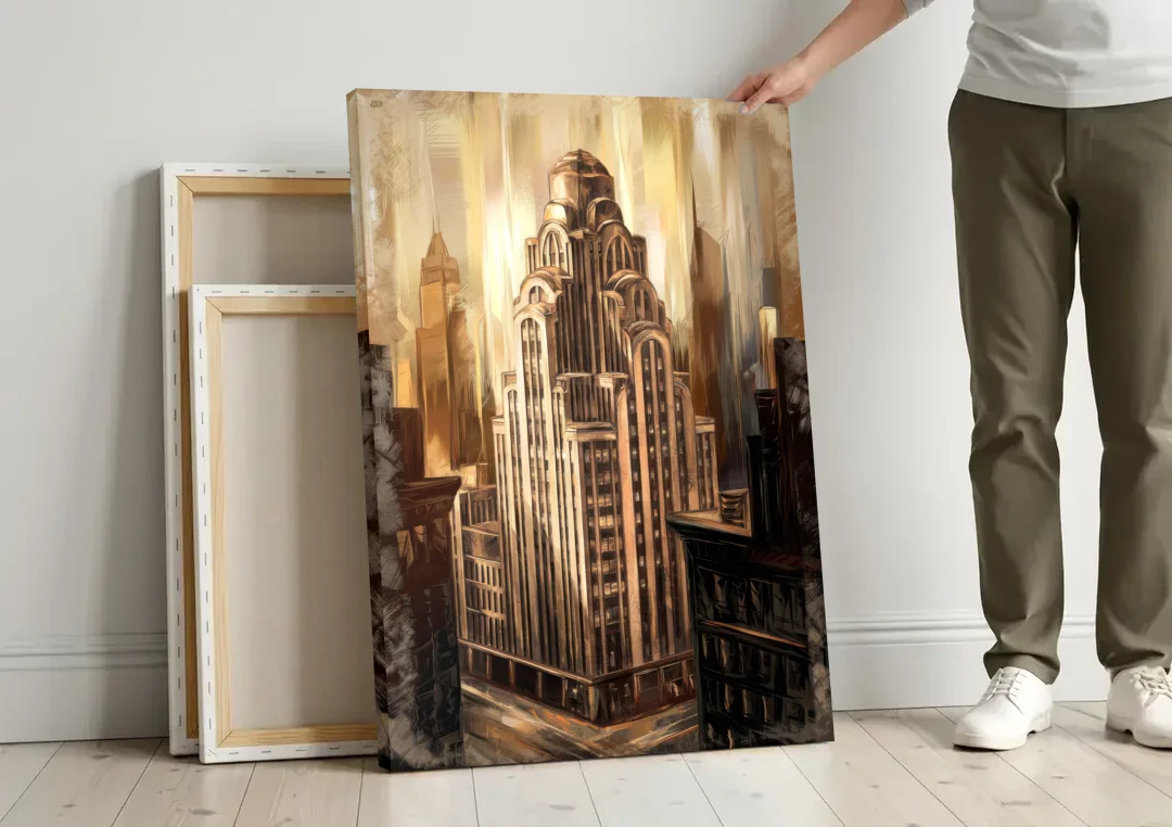 New York City Historic Architecture canvas wall art leaning against a wall next to blank canvases