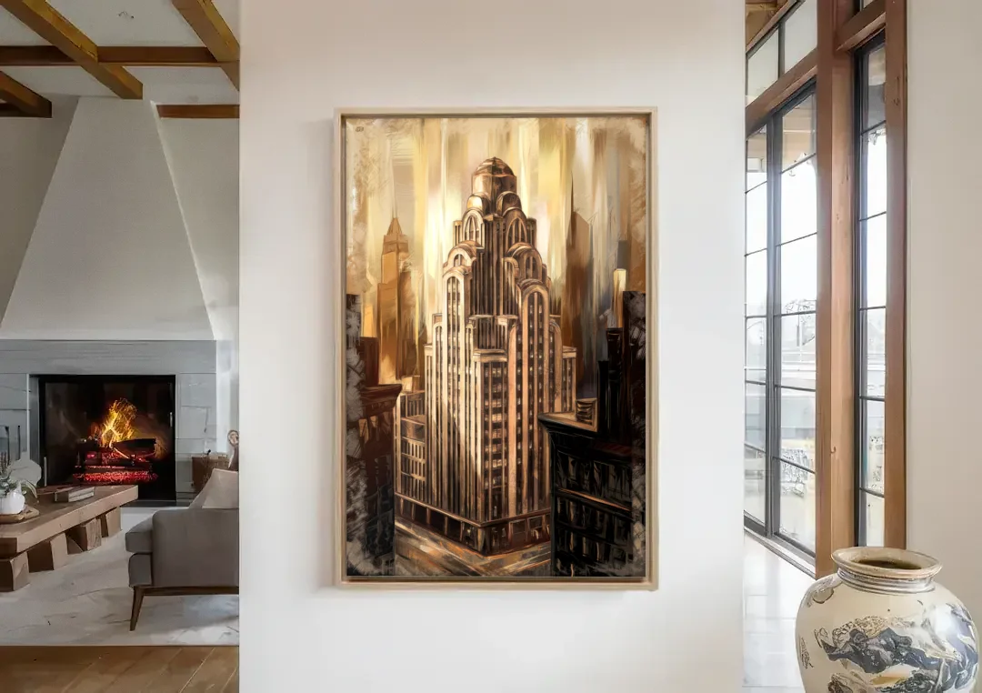 New York City Historic Architecture canvas wall art in a living room with a fireplace