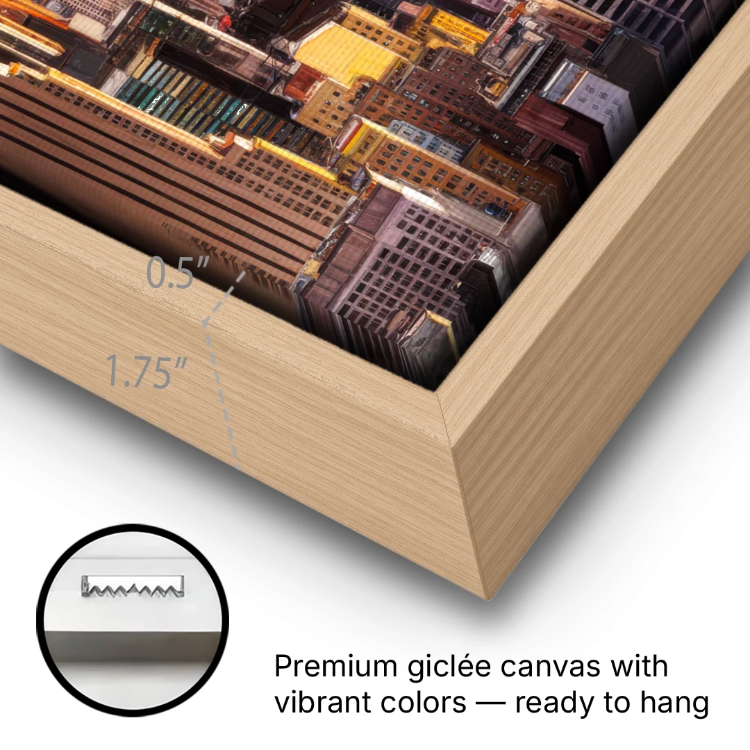 New York City Midtown Skyline - Oak Framed Canvas Wall Art - Gallery Wrap Corner