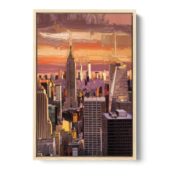New York City Midtown Skyline - Oak Framed Canvas Wall Art - Front