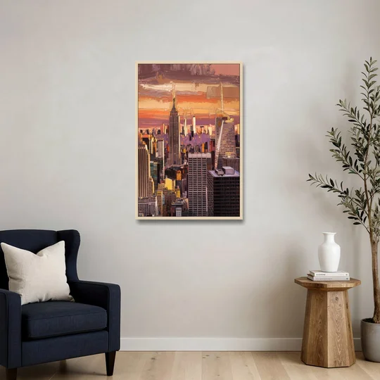New York City Midtown Skyline - Oak Framed Canvas Wall Art - Sofa - 24x36