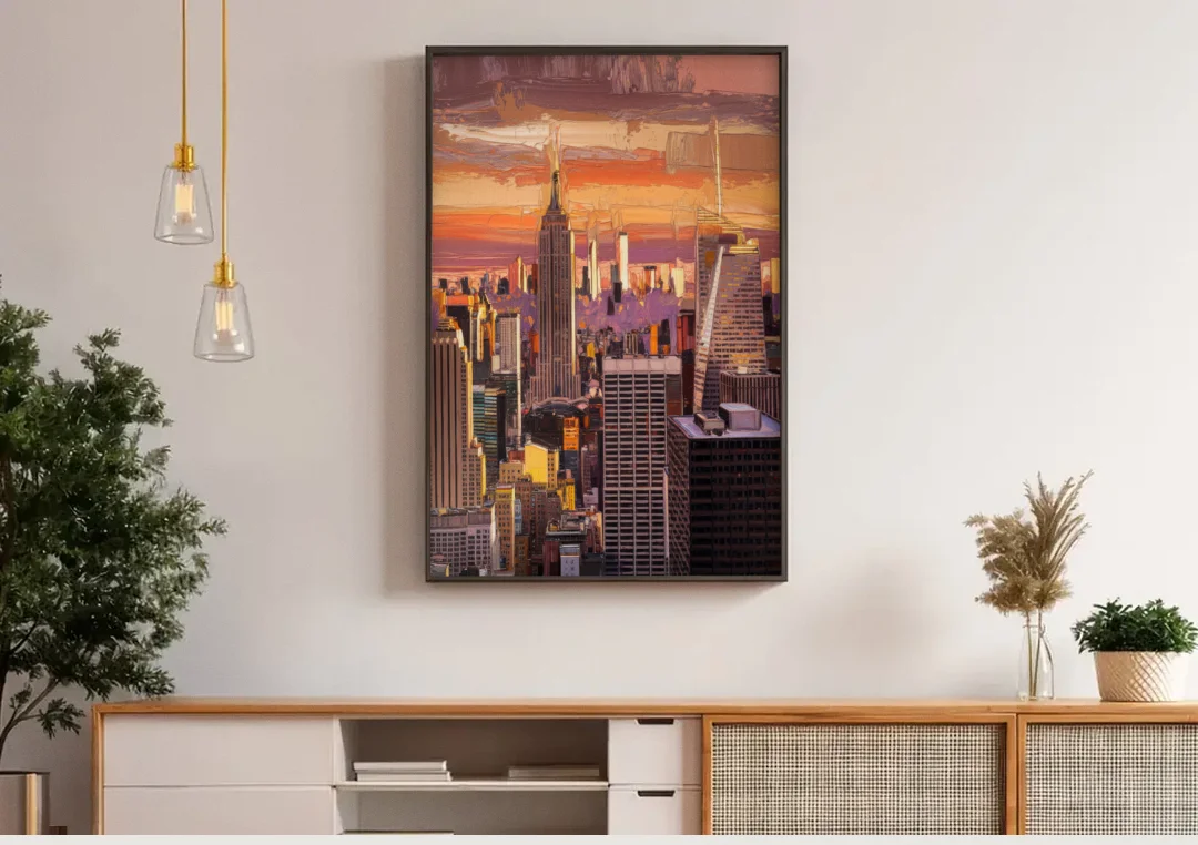 New York City Midtown Skyline canvas wall art above a wooden sideboard under pendant lights