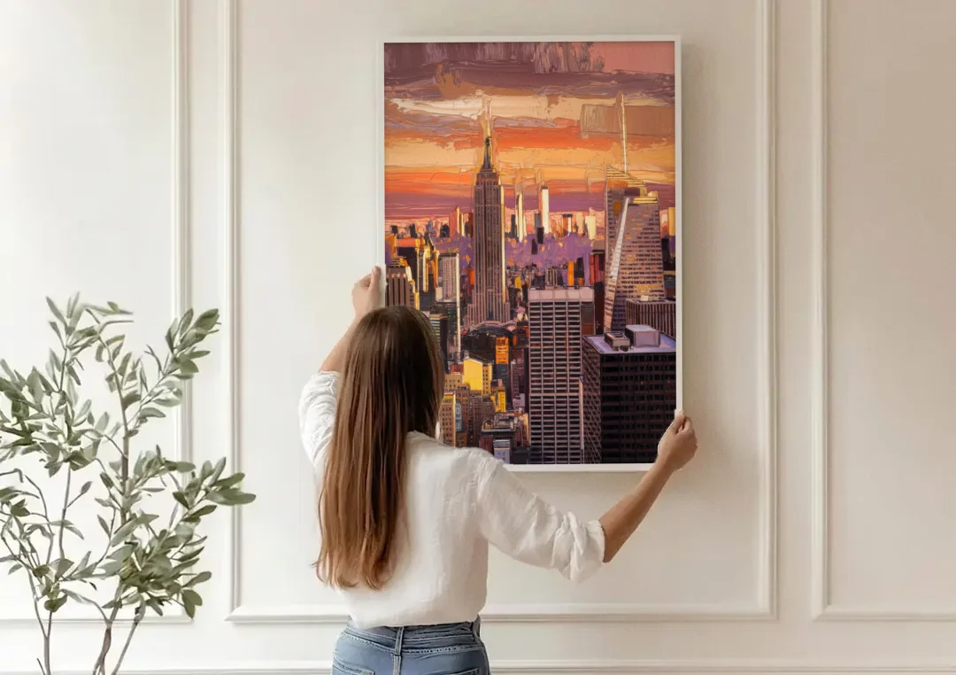 New York City Midtown Skyline canvas wall art being hung on a paneled wall