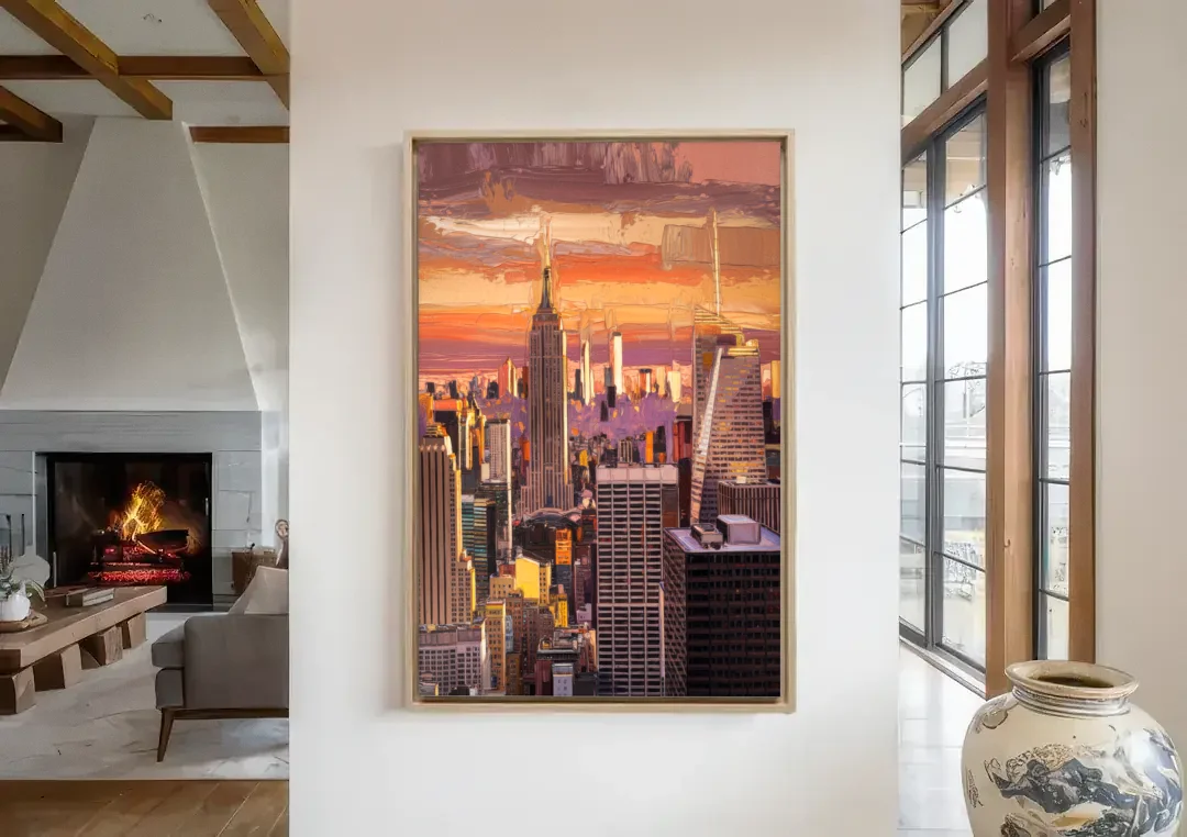 New York City Midtown Skyline canvas wall art in a living room with a fireplace
