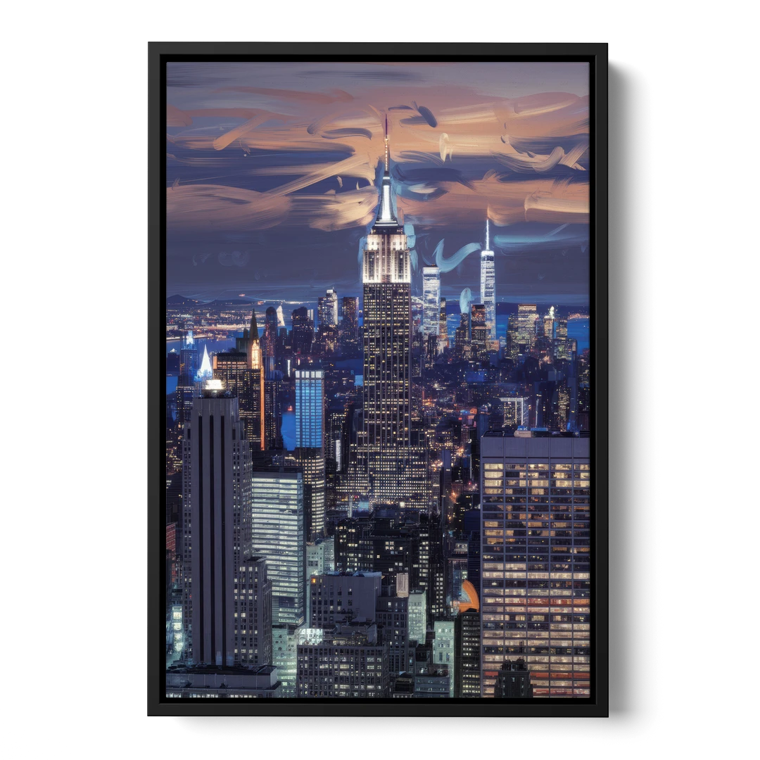 New York City Night Blue Lights Skyline - Black Framed Canvas Wall Art - Front
