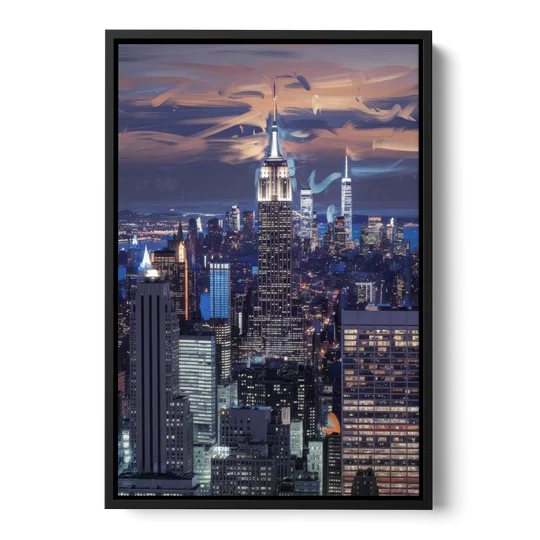 New York City Night Blue Lights Skyline - Black Framed Canvas Wall Art - Front