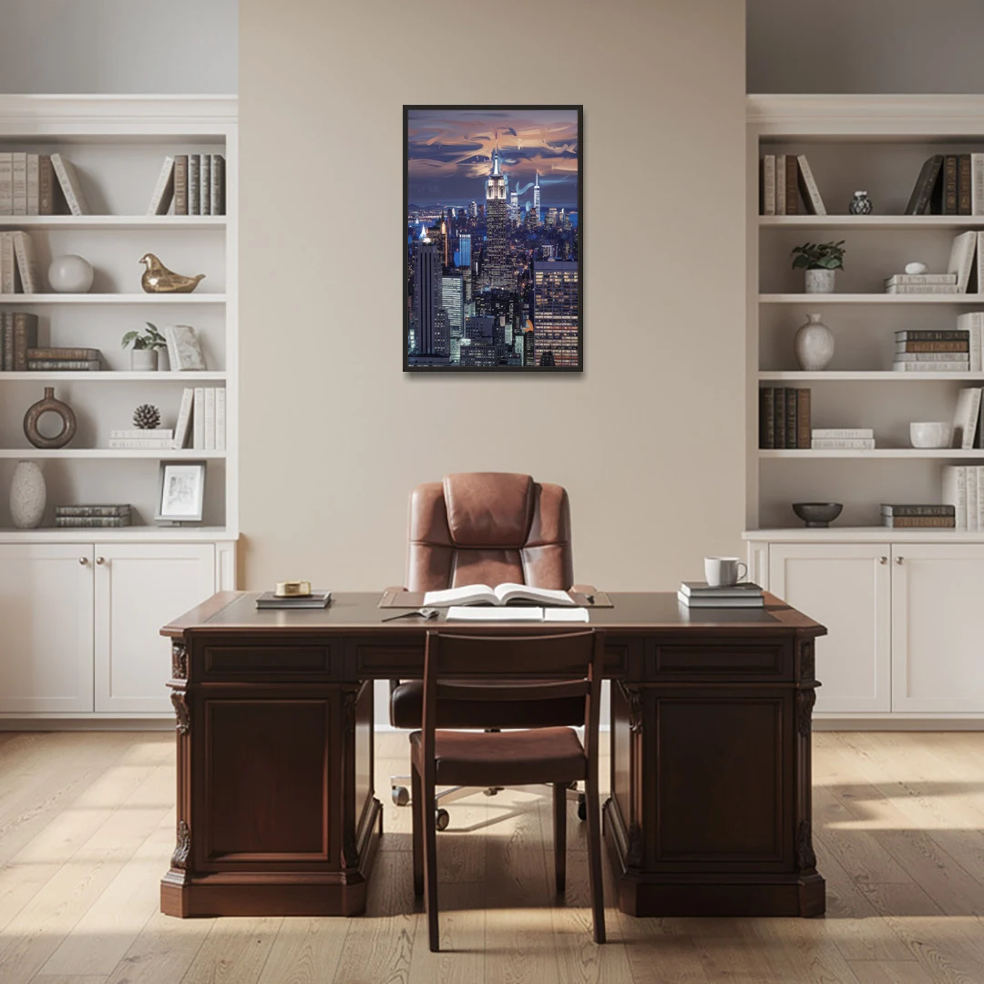 New York City Night Blue Lights Skyline - Black Framed Canvas Wall Art - Office - 24x36