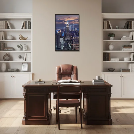 New York City Night Blue Lights Skyline - Black Framed Canvas Wall Art - Office - 24x36