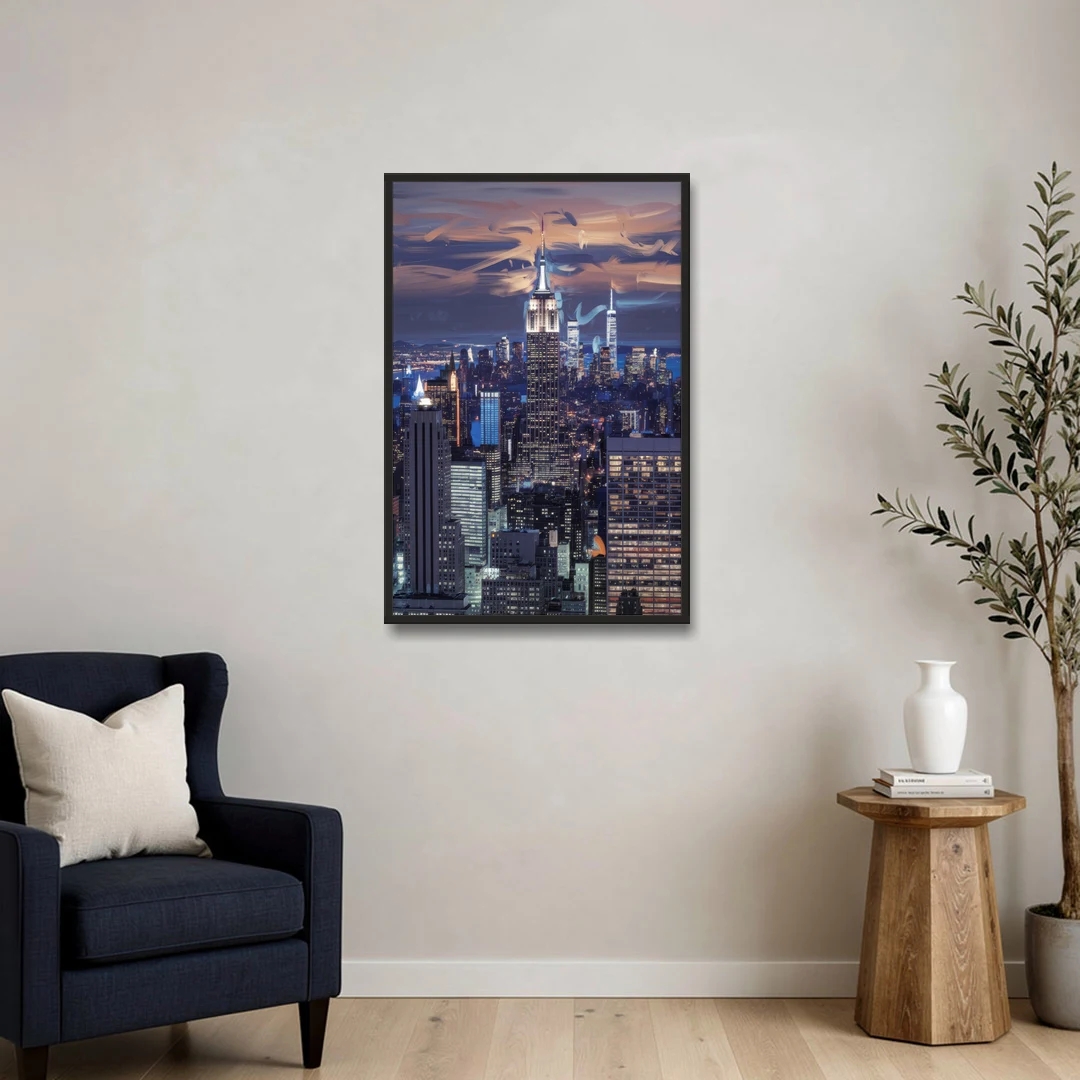 New York City Night Blue Lights Skyline - Black Framed Canvas Wall Art - Sofa - 24x36