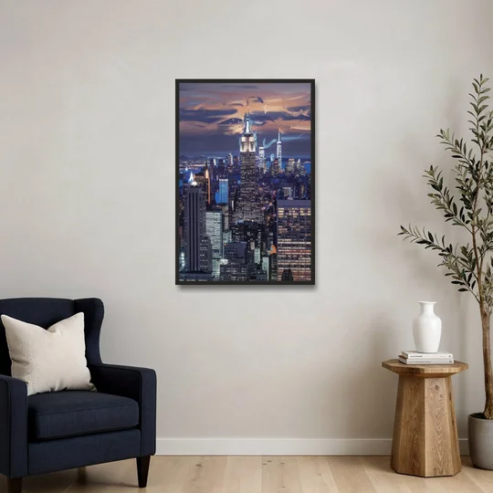 New York City Night Blue Lights Skyline - Black Framed Canvas Wall Art - Sofa - 24x36