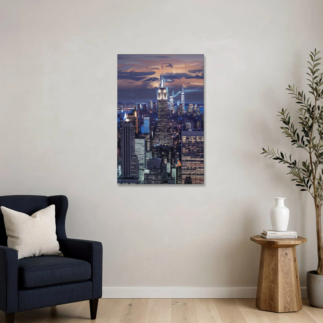 New York City Night Blue Lights Skyline - Canvas Wall Art - Sofa - 24x36