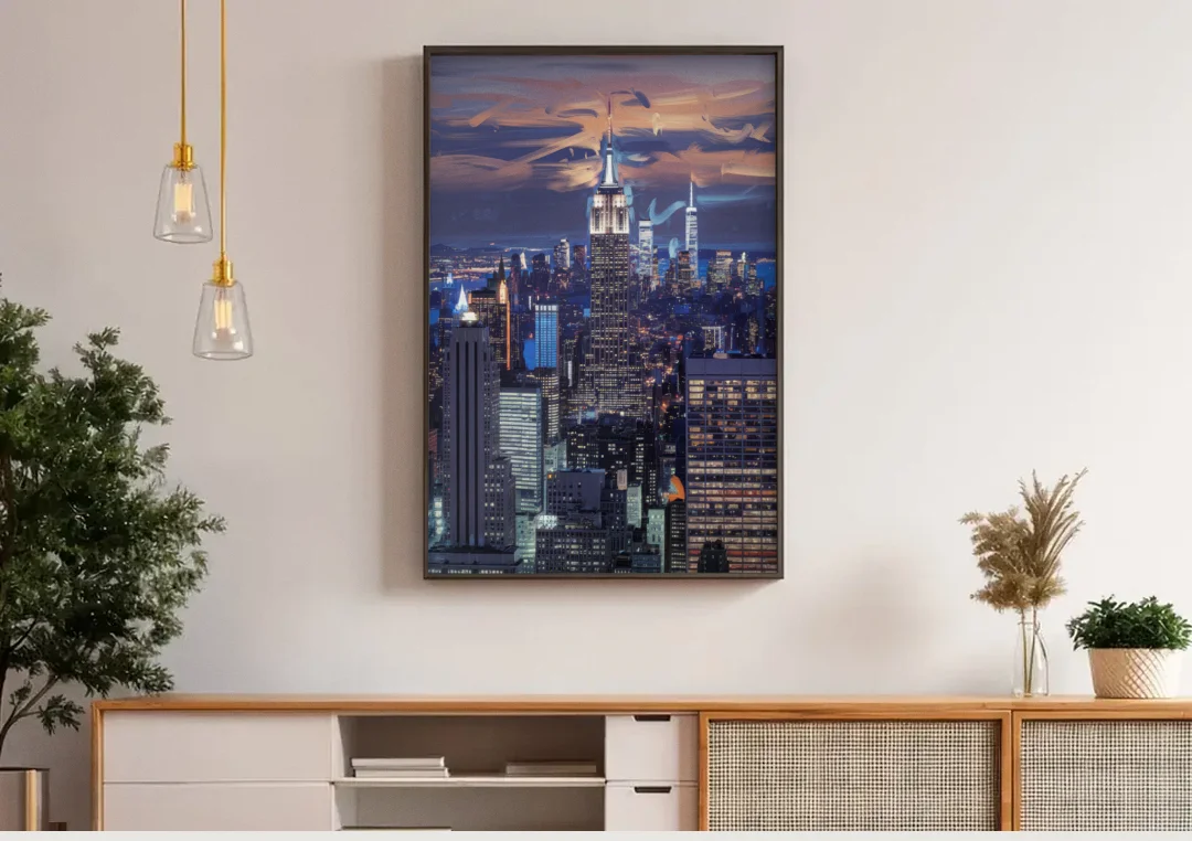 New York City Night Blue Lights Skyline canvas wall art above a wooden sideboard under pendant lights